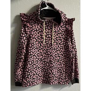 Sandy Liang Women's Black Hoodie with Pink Floral Print and Ruffles, Womens S.
